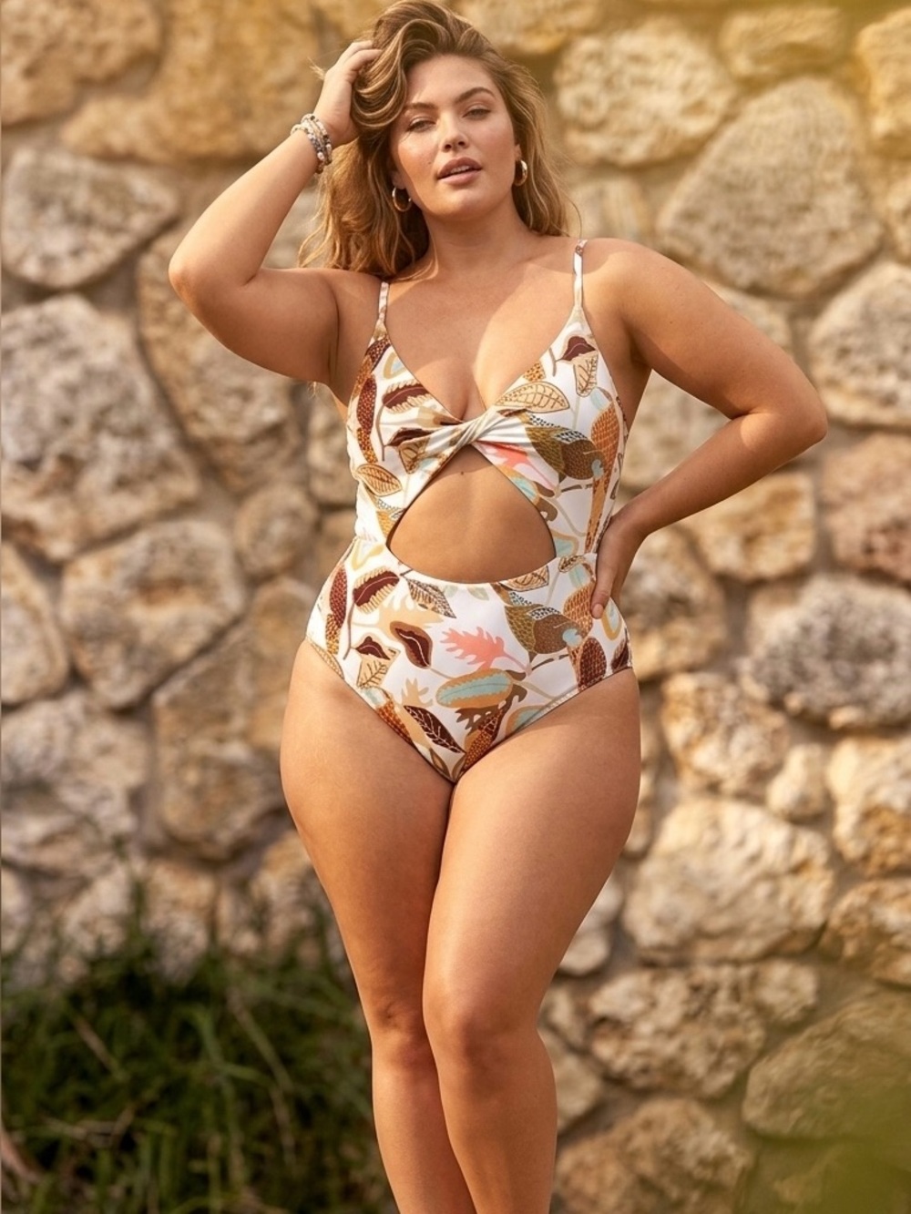 Aerie Twist Cut Out One Piece Swimsuit Tropical Print